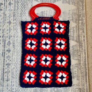 Vintage Crochet Blue White and Red Bag